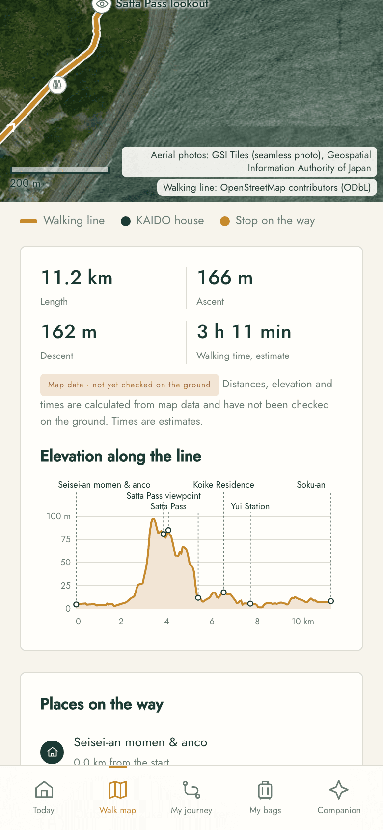 App preview (in development): a sample map screen with the walking line over Satta Pass on aerial photos, length, ascent, descent and an estimated walking time, and the elevation profile. The line is not yet checked on the ground