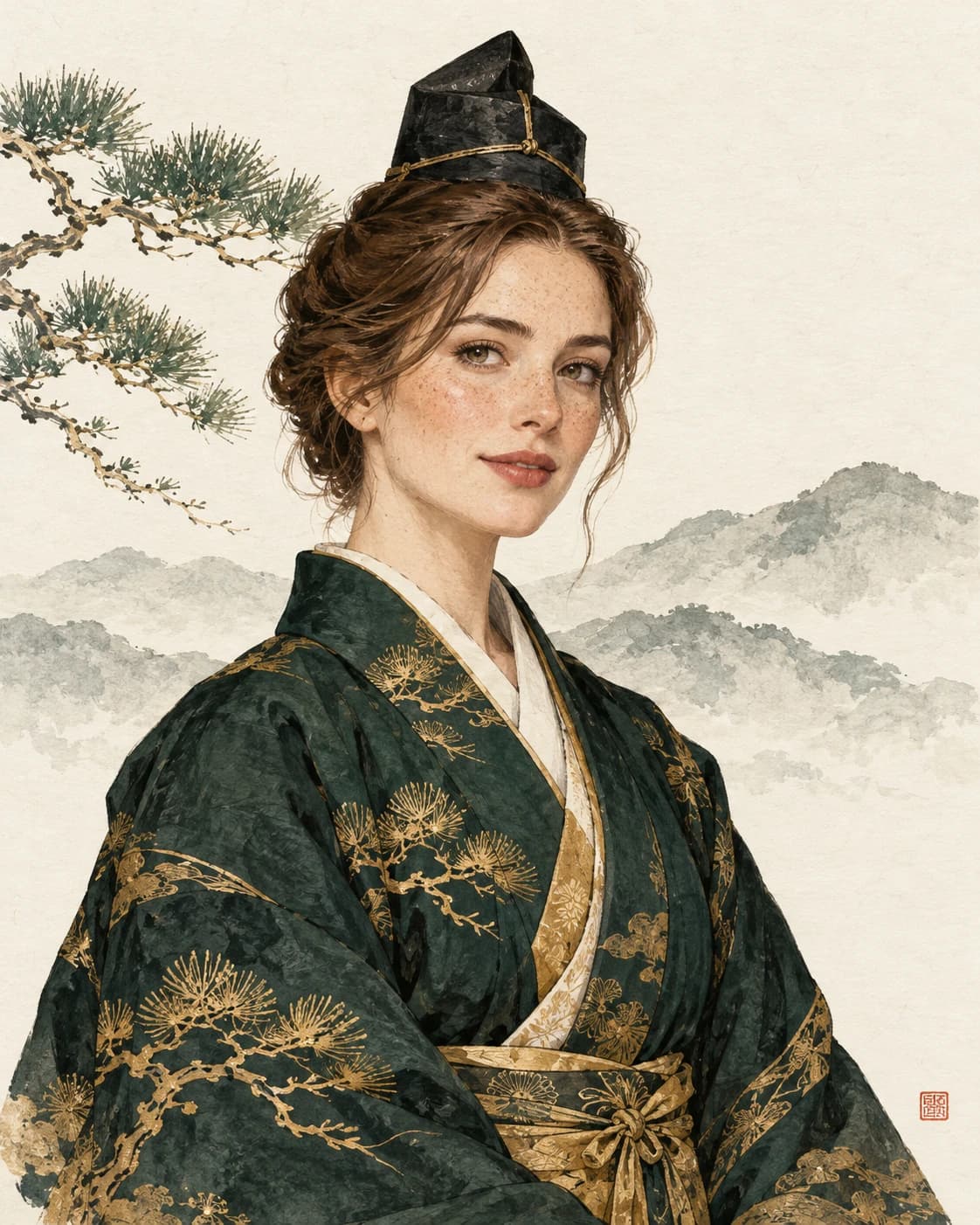 Example shogun portrait: a woman in an ink-green kimono before a pine branch and hills, a fictional person made with AI